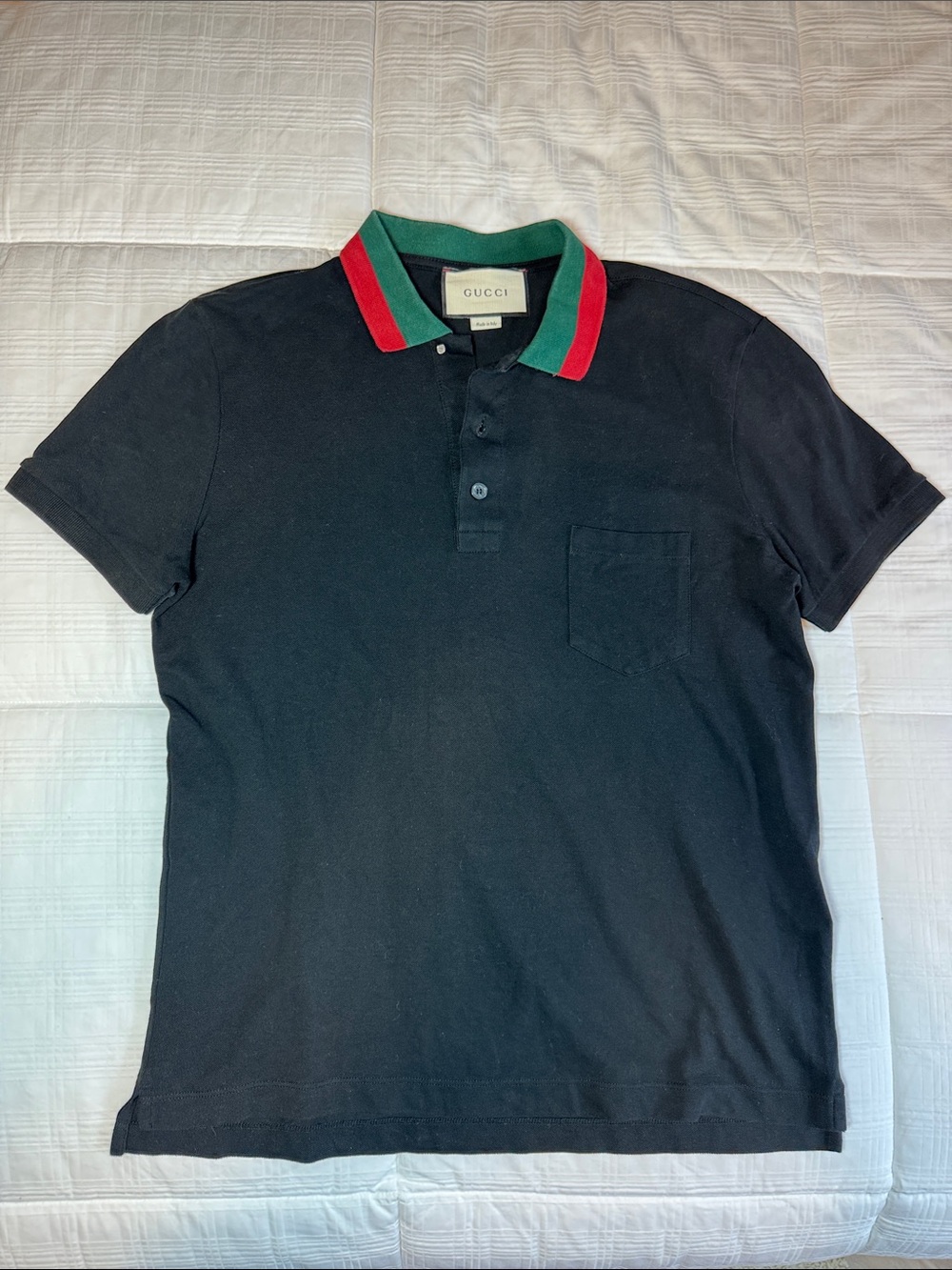 Gucci Black Polo with Green & Red Stripe Collar